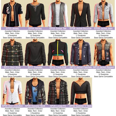 Assorted Collection | nucrests on Patreon S4cc Clothing, Pretty Sims, Los Sims 4 Mods, Sims 4 Men Clothing, Masculine Clothing, Sims 4 Male Clothes, Clothes Cc, 90s Fashion Outfits Hip Hop Party, Sims 4 Family