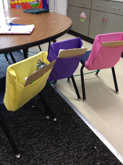 Easy DIY Chair Pockets! Chair Pocket Alternative, Easy Diy Chair, Classroom Chair Covers, Chair Pockets For Classroom, Diy Chair Pockets For Classroom, Chair Pockets, Diy Classroom Decorations, Classroom Decor High School, Rustic Mason Jars