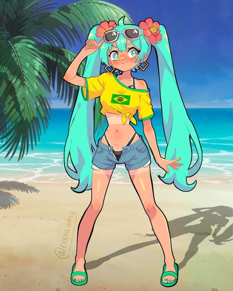 Hatsune Miku takes on Brazil with a samba beat and tropical vibes! 🇧🇷☀️🌴 I am hopping on the Hatsune Miku Brazilian trend … my version of it // // // // // // // // // // clip studio paint anime style cel shading style Vibrant digital art of Hatsune Miku in a Brazilian-inspired outfit featuring a yellow crop top with the Brazilian flag, denim shorts, and green flip-flops. Palm trees and a sunny beach backdrop complete the lively, tropical theme. Keywords: digital art, Hatsune Miku, Braz... Crop Top Outfits Drawing, Sunny Painting, Beach Character, Brazil Miku Art, Yellow Green Outfit, Hatsune Miku Brazil, Tropical Character Design, Miku Brazilian, Brazilian Miku Art