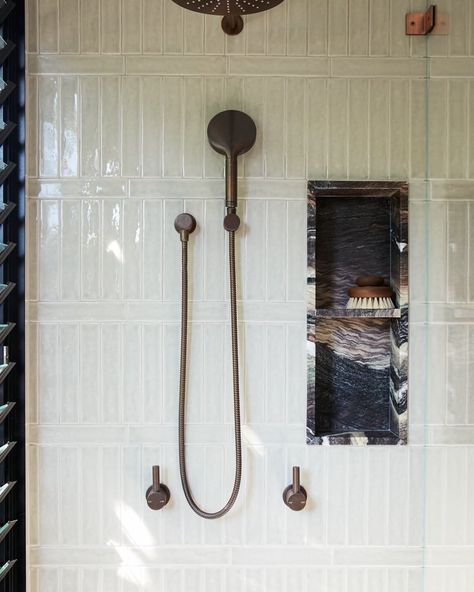 Parker Studio on Instagram: “Love a good shower niche. Most importantly, line it up with your tile cuts & fill with a delicious slab of marble. Interior design…” French Art Deco Bathroom, Vertical Tile Shower Ideas Walk In, Two Tone Shower Tile Ideas, Marble Archway, Marble Interior Design, Marble Interior, Shower Niche, Furniture Office, Bathroom Renos