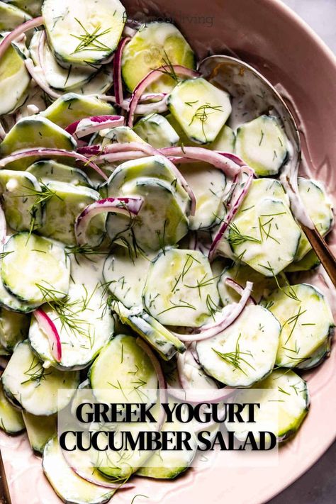 This Greek Yogurt Cucumber Salad is a refreshing side dish that you can make in 10 minutes. Tossed in a tangy, tzatziki-inspired Greek yogurt dressing, it is a lighter and healthier alternative to mayo or sour cream-based cucumber salads. Cucumber Greek Yogurt Salad, Cucumber Salad Greek Yogurt, Greek Yogurt Cucumber Salad, Cucumber Yogurt Salad, Cucumber Salads, Greek Cucumber Salad, Easy Summer Salad, Cucumber Dill Salad, Yogurt Chicken Salad