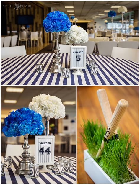 Yankees Baseball themed bar mitzvah decor at Coors Field Rockies stadium in Denver Colorado Centerpiece Table Numbers, Baseball Themed Corporate Event, Baseball Themed Bar Mitzvah, Baseball Banquet Ideas High Schools, Baseball Decorations Party, Baseball Centerpiece, Bar Mitzvah Photography, Bar Mitzvah Centerpieces, Baseball Party Decorations