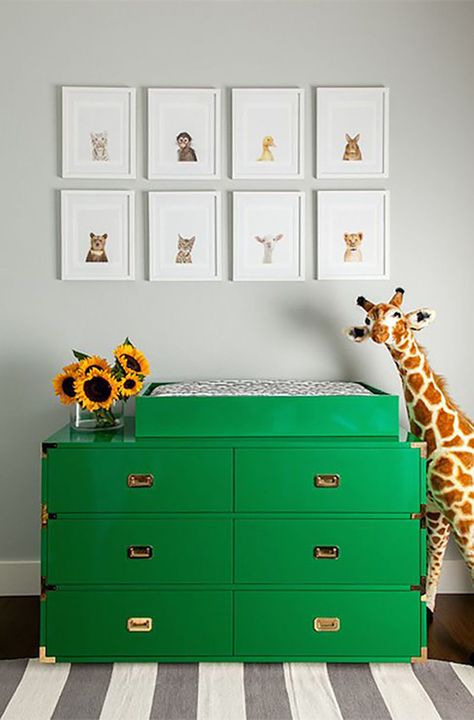 Small Nursery Decor, Green Nursery Boy, Green Baby Room, Campaign Dresser, Contemporary Nursery, Small Nursery, Grey Wall Color, Green Dresser, Changing Tables