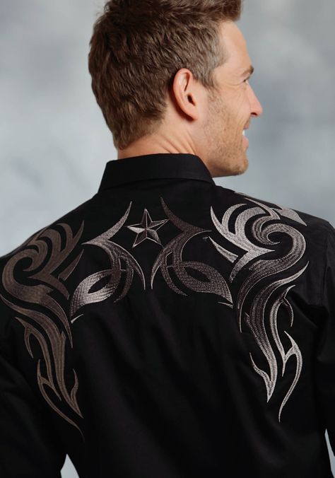 Mens Embroidered Western Shirt - Midnight Star Mens Embroidered Shirt, Western Outfits Mens, Cowboy Shirts For Men, Embroidered Western Shirt, Camisa Rock, Affliction Clothing, Mens Western Wear, Bodybuilding Clothing, Gents Kurta Design