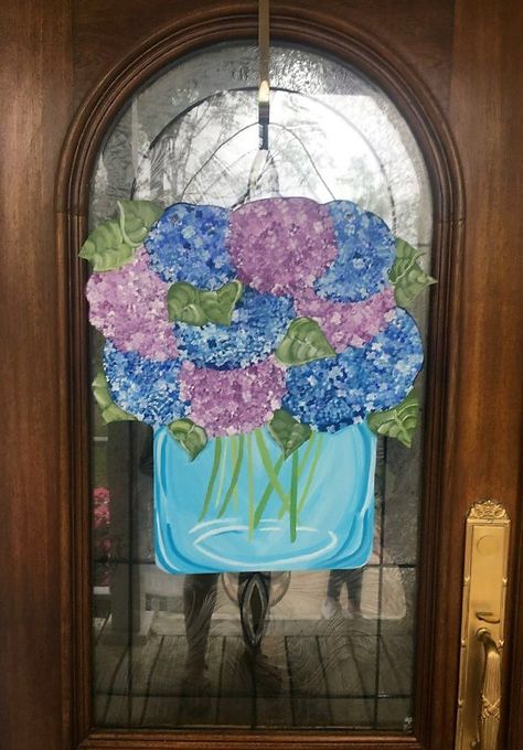 Hydrangea Door Hanger, Blue And Purple Hydrangea, Spring Hydrangea, Hanger Ideas, Wood Door Hanger, Burlap Door Hangers, Purple Hydrangea, Burlap Door, Hydrangea Purple