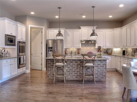 White cabinets. Brick island. This is what dreams are made of. Faux Brick Island, Brick Island In Kitchen, Brick Island Kitchen, Brick Island, Brick Kitchen Island, Small Cupboard, White Wash Brick, Brick Kitchen, Rustic Modern Kitchen