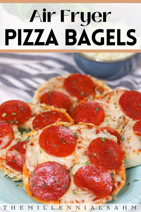 This Pizza Bagels Recipe takes all of the guesswork out of snack time and can be made in less than 10 minutes in the air fryer! Pizza Bagel Recipe, Recipe With Pepperoni, Mini Bagel Pizza, Bagel Pizza Recipe, Bagel Pizza, Pizza Bagel, Pepperoni And Cheese, 2024 Meals, Air Fryer Pizza