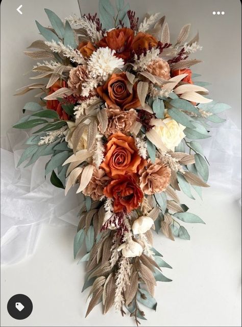 Autumn Cascade Bouquet, Autumn Cascading Bridal Bouquet, Diy Wedding Bouquet Cascade, Eucalyptus Fall Bouquet, Cascade Fall Bouquet, Fake Flower Bouquet Wedding Fall, Rustic Cascade Wedding Bouquet, Boho Wedding Bouquet Cascading, Terracota Bridal Bouquet