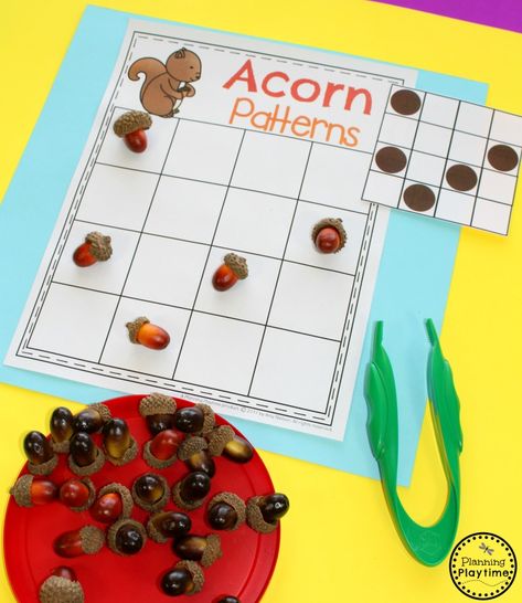 Acorn Pattern Making Cards - Fun Patterns Activity for Preschool Preschool Acorn Activities, Acorn Worksheets Preschool, Fall Patterning Preschool, Counting Acorns Preschool, Acorn Math Activities Preschool, Fall Preschool Centers, Fall Preschool Unit, Learning Numbers Preschool, Math Literacy Activities