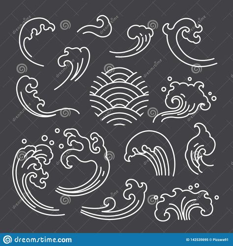 Illustration about Oriental water wave isolated objects. A tradional style of Japanese, Thai, Chinese line art. Moon shape. design on white background. Illustration of icon, japan, abstract - 142535695 Water Flow Drawing, Flow Drawing, Wave Drawing, 달력 디자인, Waves Icon, Wave Illustration, Japanese Water, Japanese Waves, 카드 디자인