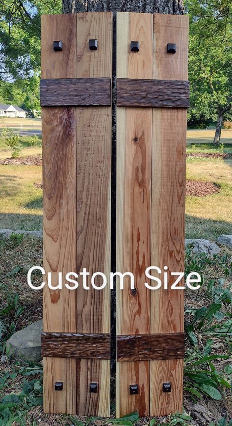 Solid Cedar Shutters - Etsy Log Cabin Shutters Exterior, Cedar Window Shutters, Wood Shutters Exterior Farmhouse, Shudder Ideas, Window Shutter Ideas, Wooden Shutters Exterior, Cedar Shutters Exterior, Front Of House Makeover, Shutters Diy