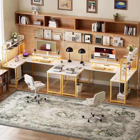 Wrought Studio Kanisha 74.48'' W U-Shaped Computer Desk with Hutch | Wayfair Home Office For Designers, Drafting Desk Workspaces, Hobby Desk Work Stations, Interior Design Studio Workspace, 2 Desk Home Office, Office Ideas For Two People, 2 Person Desk Home Office, Workspace In Living Room, Computer Room Ideas