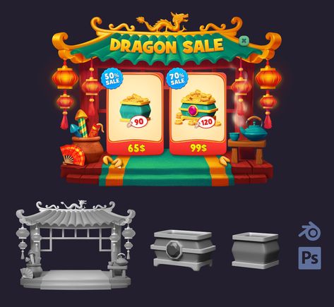 ArtStation - Double Sale, Chinese New Year, Tatiana Loginova Miner Game, Restaurant Game, Chinese New Year Background, Chinese Theme, New Year's Games, Chinese New Year Design, Japan Architecture, New Year Art, New Year Sale