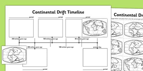 Continental Drift Timeline Activity Sheet - continental drift, timeline, activity, sheet, worksheet Continental Drift Activity, Pangea Activities, Pangaea Map, Pangea Map, Continental Drift Theory, Teaching Maps, Rainbow Science, Earth Science Lessons, Plate Boundaries