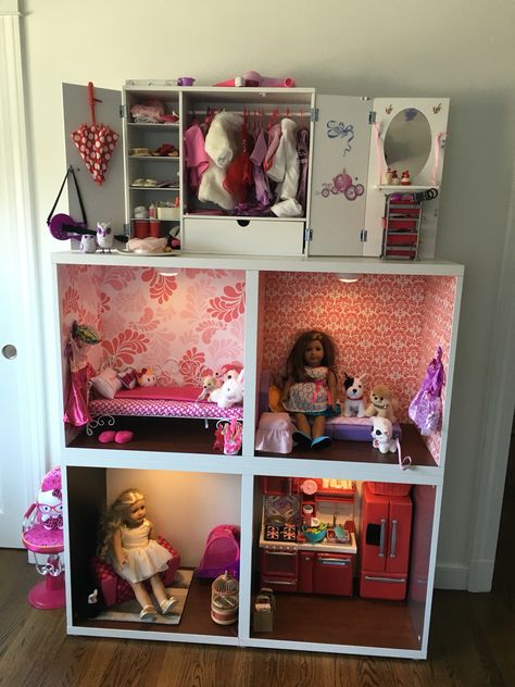 IKEA hack Our Generation Storage, Diy Our Generation Doll House, Our Generation Doll Storage, Our Generation Doll House, Kids Room String Lights, American Girl Storage, Ikea Doll, Bohemian Kids Room, American Doll House