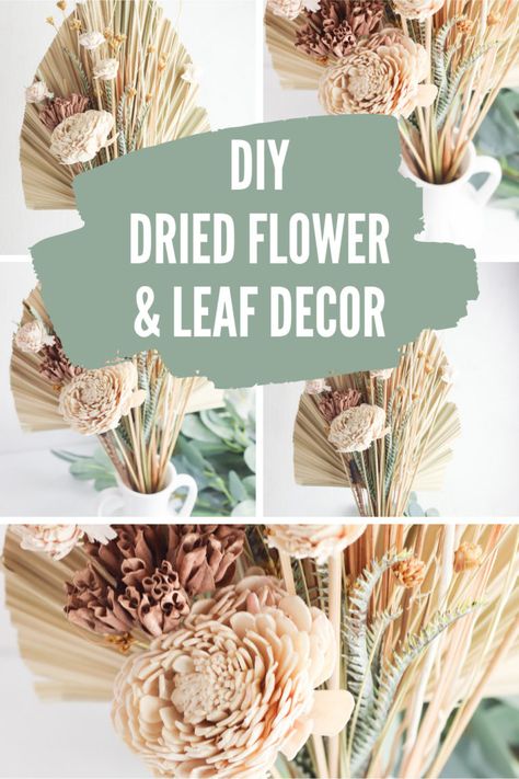 Collage of dried palm leaf and flower arrangements with text overlay. Dried Flowers Arrangement, Dried Palm Leaves, Small Yellow Flowers, Dried Berries, Boho Style Decor, Faux Leaf, Diy Boho, Dry Plants, Yellow Daisies