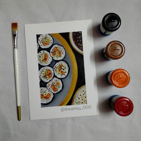 Sushi Easy, Food Art Painting, Cartoon Art Drawing, Food Illustration Art, Food Painting, Painting Art Lesson, Easy Drawings Sketches, Acrylic Artwork, Food Drawing