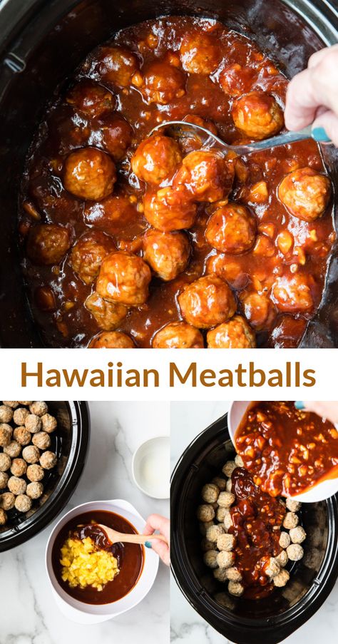 Easy Hawaiian Meatballs, Slow Cooker Hawaiian Meatballs, Hawaiian Party Food, Pantry Cooking, Hawaiian Meatballs, Luau Party Food, Meatball Dishes, Luau Food, Bbq Meatballs