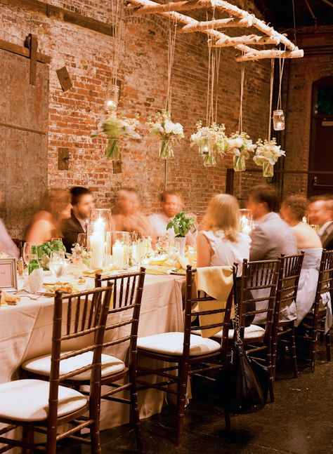 Use the bridesmaid's bouquets as your hanging wedding decorations above the head table.  Great idea! Reuse and save! #mwri #wedding #tabledecorations #headtable Brides Table, Plants Hanging, Loft Wedding, Arch Decoration Wedding, West Wedding, Wedding Rustic, Southern Weddings, Hanging Flowers, Southern Wedding