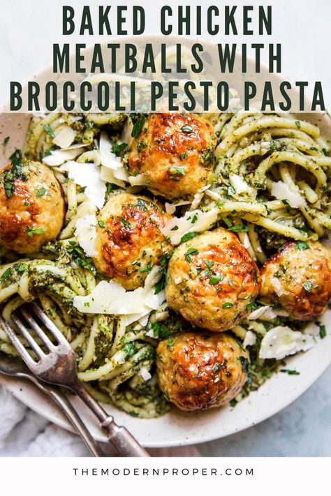 Meatballs With Broccoli, Broccoli Pesto Pasta, Baked Chicken Meatballs, Broccoli Pesto, Health Dinner, Chicken Meatballs, Roasted Broccoli, Health Dinner Recipes, Pesto Pasta