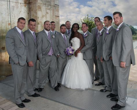 Groomsmen in beautiful Gray Tuxedo's with lavender accents! Grey And Lavender Tuxedo Wedding, Gray And Purple Tuxedo Wedding, Light Gray Suit Lavender Tie, Lavendar Wedding Tuxedo, Light Grey Vest Groomsmen, Marriage Suits, Grey Tux, Grey Tuxedo, Classic Man