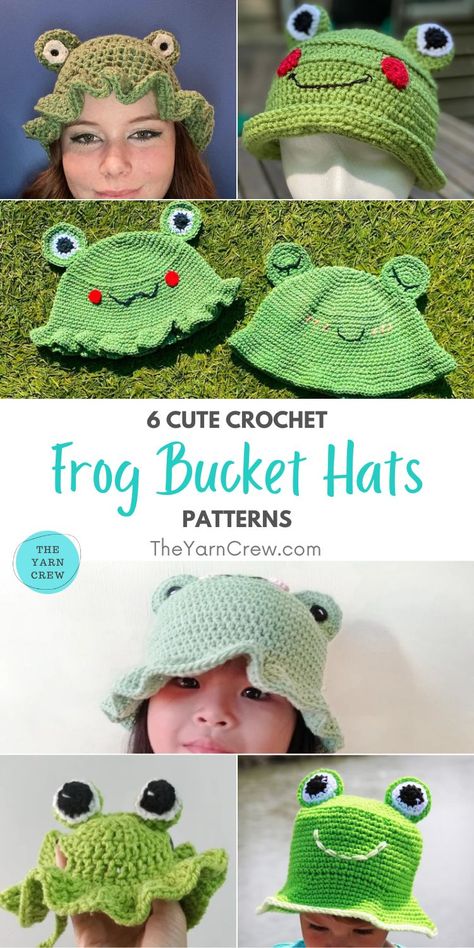 Crochet Frog Bucket Hat, Bucket Hat Patterns, Cute Crochet Frog, Bucket Hat Pattern Free, Summer Crochet Patterns, Frog Bucket Hat, Crochet Beach Wear, Frog Hat, Make And Do Crew