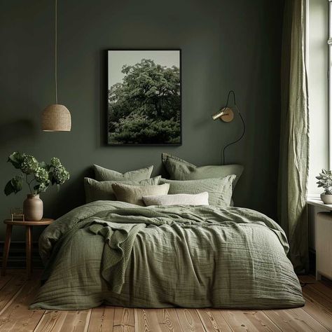 Dark Green Scandinavian Bedroom, Green Dark Wood Bedroom, Green Wood Bedroom, Dark Green And Grey Bedroom, Dark Scandinavian Bedroom, Dark Green Bedrooms, Dark Scandinavian Interior, Green And Grey Bedroom, Dark Green Bedroom Ideas