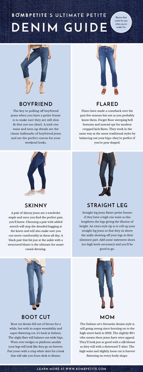 Type Of Denim Jeans, Jeans Fitting Guide Woman, Fit Guide Denim, Perfect Fit Jeans, Perfect Fitting Jeans, Pairing Shoes With Pants, Jeans For Petite Women Body Types, Flare Jeans Outfit Petite, Petite Flare Jeans Outfit