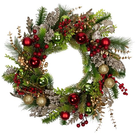 Northlight Glittered Ornaments and Berries Christmas Wreath - 24" - Green and Gold | Michaels Christmas Wreaths With Ornaments, Wreaths With Ornaments, Decorated Wreaths, Hanukkah Candles, Artificial Christmas Wreaths, Material Wreaths, Christmas Decorations Wreaths, Pine Branches, Christmas Ornament Wreath