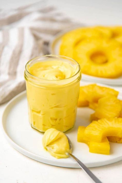 This pineapple Curd is sweet, creamy, tangy! It looks and tastes like a spoonful of glorious summer! Very easy to make, a delicious alternative to lemon curd, and it pairs well with anything! Pineapple Curd, Passion Fruit Curd, Chocolate Cake Recipe Moist, Pineapple Recipes, Curd Recipe, Cocktail Desserts, Sweet Sauce, Jam Recipes, Butter Recipe