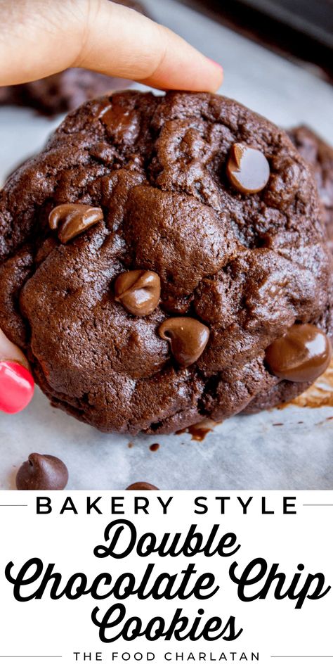 Double Chocolate Chip Cookie Recipe from The Food Charlatan. Seriously guys. You will never need another double chocolate chip cookies recipe! This one is SO thick and fudgy, and basically what chocolate lover dreams are made of. It's beyond soft, and so moist it puts some bakery cookies I've had to shame. Before you even start baking make sure you have a gallon of milk on hand, because you're not making it through one of these without a tall glass. Perfect for adding to holiday cookie plates! Chocolate Biscuit Recipe, Double Chocolate Chip Cookie Recipe, Bacon Biscuits, Double Chocolate Chip Cookie, Double Chocolate Cookies Recipe, Bakery Cookies, Chocolate Biscuits, Double Chocolate Chip Cookies, Food Charlatan