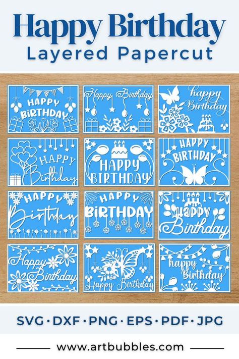 Birthday Paper Cut SVG Bundle features 12 designs, perfect for birthday greetings. #birthday #birthdaycards #happybirthday #papercutfiles #layeredpapercut #birthdaypapercut Happy Birthday Card Cricut, Free Svg Files For Cricut Birthday Cards, Free Male Birthday Card Svg Files For Cricut, Free Svg Birthday Cards For Cricut, Cricut Happy Birthday Card Free, Cricut Birthday Cards, Cricut Birthday, Birthday Postcards, Wedding Invitation Card Design