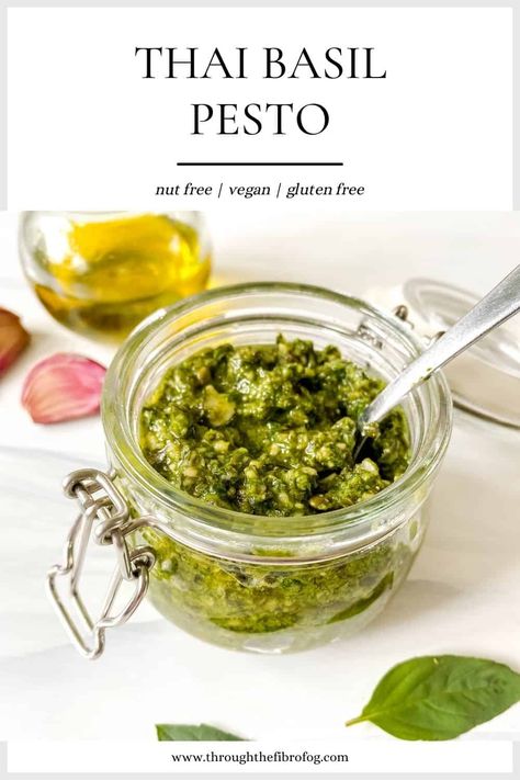 Thai Basil Pesto Thai Basil Pesto, Low Histamine Recipes, Nut Free Pesto, Vegan Sauce Recipes, Low Histamine Foods, Histamine Diet, Fibro Fog, Low Histamine Diet, Low Histamine