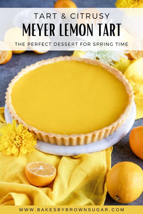 This Meyer Lemon Tart is tart and buttery at the same time. Creamy, fruity Meyer lemon curd is combined with a nutty sweet crust for an amazingly tasty dessert. A lemon tart is one of the versatile desserts in that it goes with almost any meal. It's simple to make and perfect for every day or any special occasion. Get the recipe at Bakes by Brown Sugar. Tart Dough, Lemon Curd Recipe, Lemon Curd Filling, Tart Filling, Curd Recipe, Tart Baking, Lemon Tart, Lemon Pie, Meyer Lemon