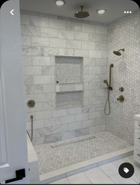 Long Drain Bathroom, Master Bath Shower Niche Ideas, Modern Farmhouse Shower Tile Wall, White Tile Showers Ideas, Light Tile Shower Ideas, Master Bath Tile Selections, Floor And Decor Bathroom Tile Ideas Farmhouse, Shower Sprayer Ideas, Lake House Shower Tile Ideas