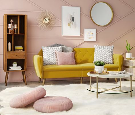 Shop the look. Glam mod living room. Mid-century elements with pink and gold finishes. Mustard Living Rooms, Fall Back In Love, Leopard Rug, Pink Couch, Colorful Interior Design, Gold Living Room, Yellow Living Room, Pink Living Room, Mid Century Living