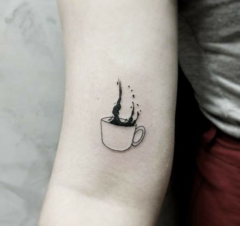 Coffee Lover Tattoo Minimalist, Tattoo For Coffee Lovers, Mug Tattoo Small, Coffee Inspired Tattoos, Overflowing Cup Tattoo, Coffee Ring Tattoo, Coffee Cup Tattoo Small, Cup Of Coffee Tattoo, Coffee Lover Tattoo