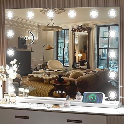 Amazon.com - Hasipu Vanity Mirror with Lights, 32" x 24" Makeup Mirror, Light up Mirror with 14 Dimmable LED Lights and 10X Magnification, 3 Colors Modes, Touch Control, USB Charging Port, White Light Up Mirror, Vanity Mirror With Lights, White Wall Mirrors, Led Makeup Mirror, Lighted Vanity Mirror, Mirror With Led Lights, Mirror Light, Makeup Mirror With Lights, Dimmable Led Lights