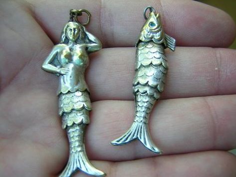 Vintage articulated silver mermaid and fish pendants/charms Victorian Watch, Articulated Fish, Pendant Watch, Silver Mermaid, Fish Pendant, Mermaid Jewelry, Pendant Watches, Necklace Pendants, Funky Jewelry