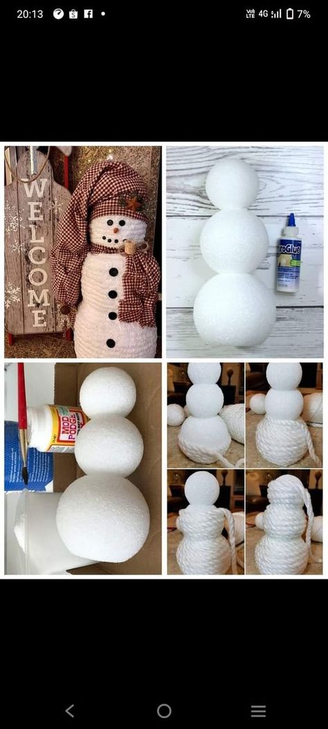 Styrofoam Snowman, Art Creative Ideas, Make A Snowman, White Rope, Styrofoam Ball, Ball Decorations, Snowman Decorations, Thick Yarn, Snowman Crafts