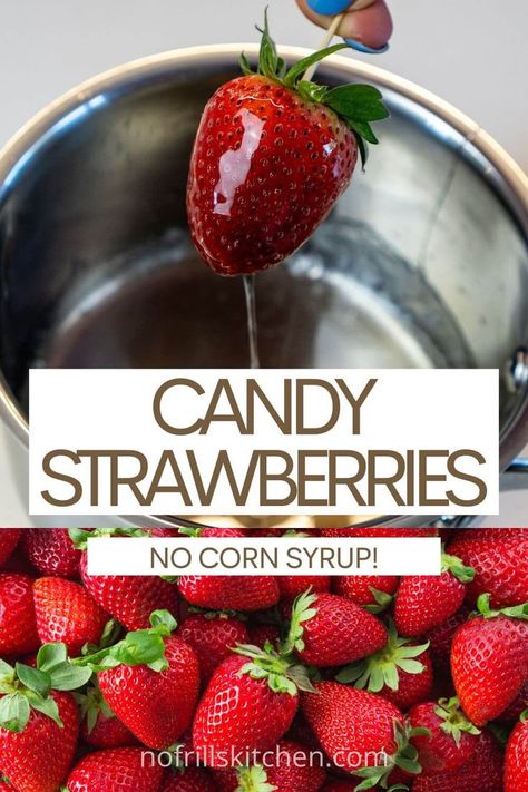 These candied strawberries are super simple to make, use only 3 ingredients (sugar, water and strawberries) and don't use any corn syrup! They're a great option for beginner candy-makers. Candied Strawberries Without Corn Syrup, Candy Coated Strawberries, Candy Strawberries Recipe, Sugar Coated Strawberries, Candied Strawberries Recipe, Candy Strawberries, Sugared Strawberries, Candied Strawberries, Sugar Strawberries