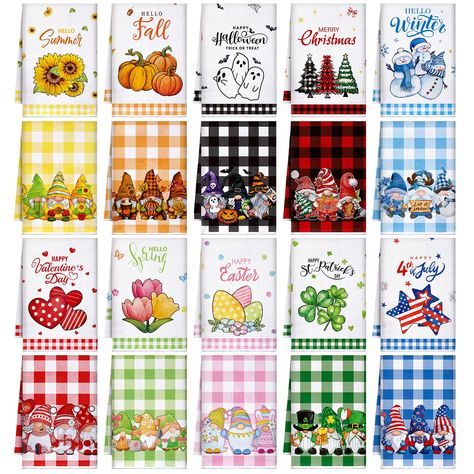 PRICES MAY VARY. Diverse Themes and Artistic Patterns: experience the pleasure of variation with the kitchen towels decorative set containing 10 customized holiday themes, with 2 styles per theme; Each style is represented in a piece offering you a delightful ensemble of 20 styled towels, transforming ordinary kitchen chores into artistic experiences Artistic Kitchen Towel: embrace a 20 piece seasonal kitchen towels set adorned with charming gnome motifs; Crafted from quality microfiber in a del Hanging Dish Towels, Embroidery Kitchen Towels, Kitchen Towels Crafts, Kitchen Towels Hanging, Artistic Kitchen, Embroidery Kitchen, Artistic Patterns, Kitchen Chores, Decorative Set