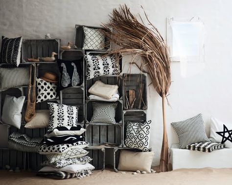 crates. Styling Vignettes, Cushion Display, Craft Stalls, Black And White Fabric, Shop Window Displays, Store Displays, Wooden Crates, Shop Interiors, Retail Space