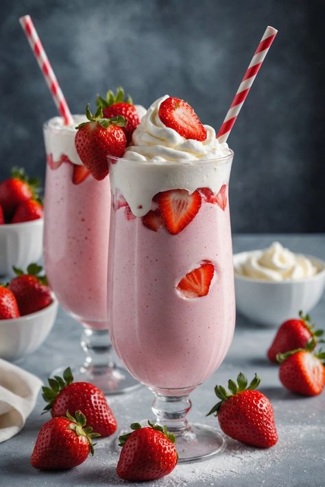 A photo of a  Strawberry Milkshake which is a type of strawberry desserts Strawberry Beverages, Healthy Strawberry Desserts, Fun Dessert Ideas, Milkshakes Recipes, Desserts For Birthdays, Dessert Food Photography, Unique Beverages, Kids Milkshake, Milkshake Aesthetic