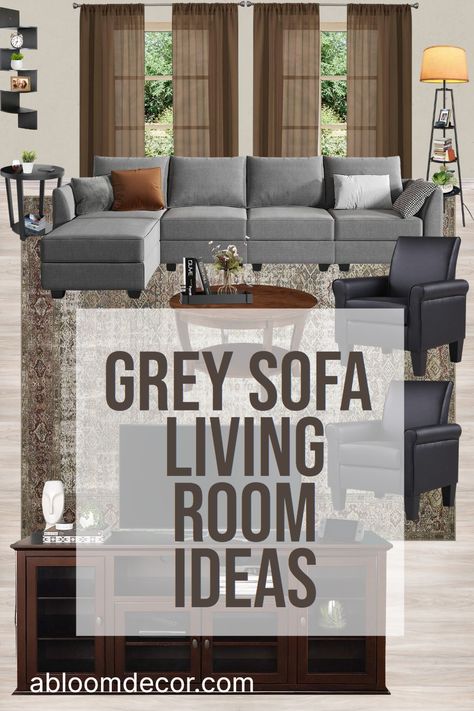 [AffiliateLink] If You're Looking For Grey Sofa Living Room Ideas, I've Got You Covered With My Mid Century Modern Living Room Idea. This Mid-Century Living Room Design Features A Grey Sofa, Black Armchairs, A Stunning Area Rug, And Brown Room Accents. It's A Very Warm, Cozy, And Inviting Living Room. I Hope You Love It And That It Gives You Some Living Room Inspiration! Check Out My Blog To Shop The Look Today Or See Some Of My Other Living Room Mood Boards. #midcenturymodernlivingroomgreysofa Grey Couch With Brown Accents, Gray And Brown Living Room, Grey Sofa Living Room Ideas, Grey Leather Couch, Leather Couch Living Room Decor, Grey Leather Sectional, Sofa Living Room Ideas, Grey And Brown Living Room, Brown Room