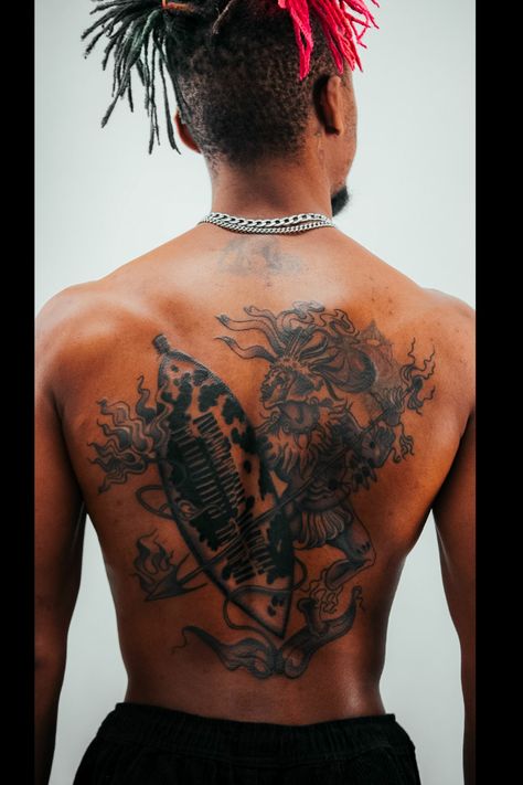 King Shaka Backpiece for Que to honour his Zulu Heritage. King Tattoos, Inspired Tattoos, Zulu, African Inspired, Photo And Video, Instagram Photos, Tattoos, Instagram Photo, On Instagram