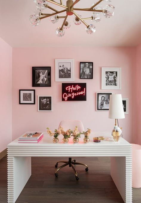 On Display | Interior Design | Alder & Tweed Design Co. Office With Pink Walls, Fun Office Colors, Pink And Purple Home Decor, Modern Pink Office, Pink Maximalist Office, Feminine Office Colors, Pink Red Interior, Pink Office Inspiration, Girlie Office Ideas Work Spaces