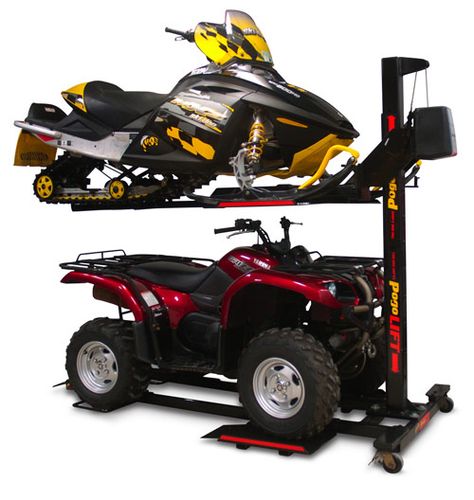 Garage Snowmobile Storage, Snowmobile Lift, Atv Storage, Organization Garage, Pulley Light, Motorcycle Storage, Garage Lift, Garage Flooring, Garage Storage Solutions