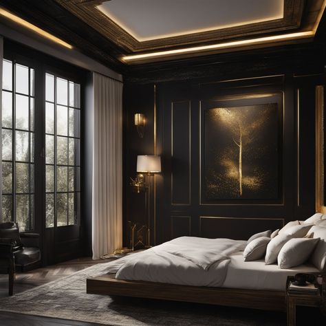 Design a bedroom in black and beige theme for a girl by Ayman Mehmood - Playground Old Money Bedroom Dark, Dark Classy Bedroom, Old Money Bedroom Men, Victorian Hotel Room, Brown House Interior, Old Fashioned Bedroom, Luxurious Bedrooms Master Modern, Scottish Interior, Luxurious Bedrooms Master