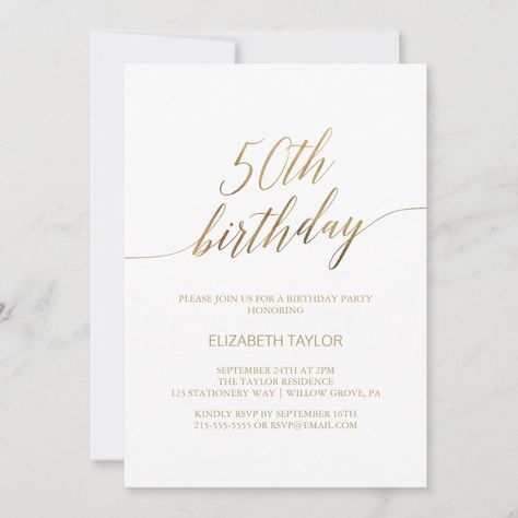 Elegant Gold Calligraphy 50th Birthday Invitation | #calligraphymilestonebirthday #dramaticadultbirthdayforwomen #modernchic #romanticminimalistk023 #whimsicaltypography #elegant50thbirthdayparty #fallfifty #simple50b-daycelebration #neutralfiftieth #goldfoil Romantic Minimalist, 90th Birthday Invitations, Whimsical Typography, 70th Birthday Invitations, Simple Birthday Party, Black Calligraphy, 80th Birthday Invitations, Teenager Birthday, Minimalist Card